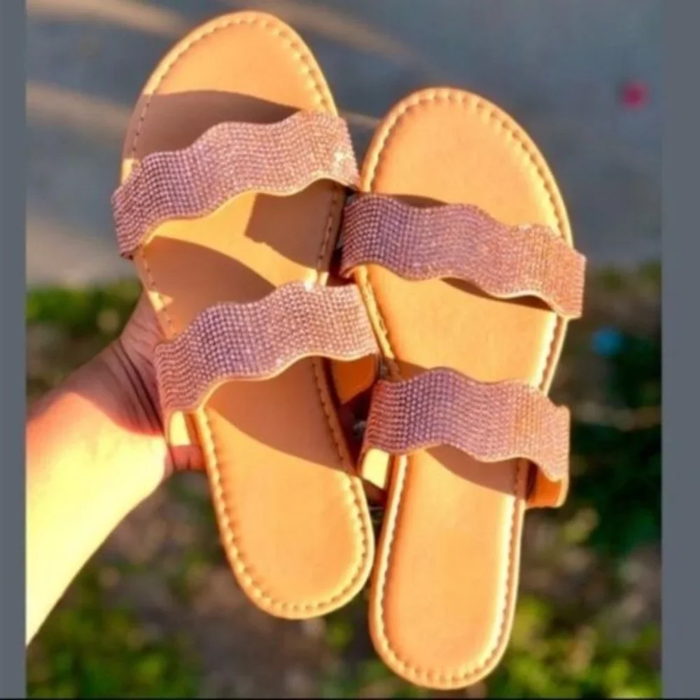 !! NEW !! Double Scalloped Strap Embellished Slide Sandals in Rose Gold - Picture 1 of 7